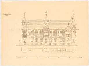 Rathaus, Breslau Umbau: Aufriss und Teil-Schnitt der Südfassade, Maßstabsleiste