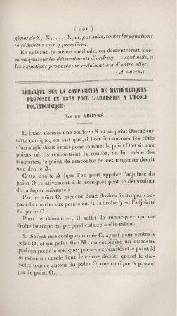 Remarque sur la composition de mathématiques proposée en 1879 pour l'admission a l'École Polytechnique.
