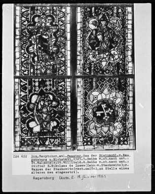 Fenster I, gestiftet von Bischof Nikolaus. 3. Reihe: Sankt Walpurgis, Sankt Willibald 4. Reihe: Stifter Nikolaus von Ybbs