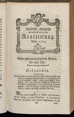 Neun und zwanzigstes Stück; den 20ten July. Wien, 1775.