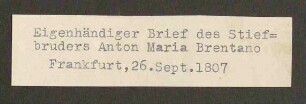 Brief von Anton Maria Brentano (Stiefbruder von Clemens Brentano) an seinen Freund