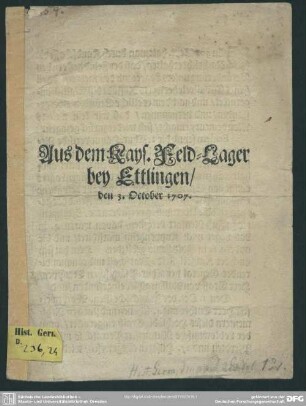 Aus dem Kays. Feld-Lager bey Ettlingen : den 3. October 1707