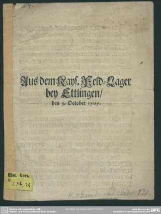 Aus dem Kays. Feld-Lager bey Ettlingen : den 3. October 1707