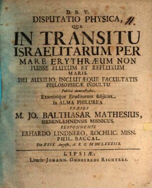 Disputatio Physica, Qua In Transitu Israelitarum Per Mare Erythraeum Non Fuisse Fluxum Et Refluxum Maris.