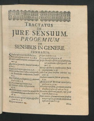 Tractatus De Iure Sensuum. Prooemium De Sensibus In Genere.
