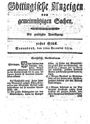 50tes Stück. Sonnabend, den 11ten December 1779.