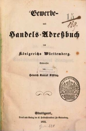 Gewerbe- und Handels-Adressbuch des Königreichs Württemberg : Entworfen von Heinrich Konrad Kissling, 1