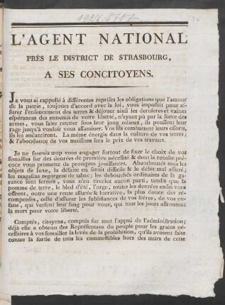 L'Agent National Près Le District De Strasbourg A Ses Concitoyens