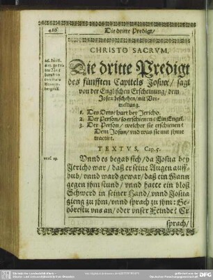[Die dritte Predigt, uber das fünffte Cap. Josuae]. Die dritte Predigt des fünfften Capitels Josuae, sagt von der Englischen Erscheinung dem Josuae beschehn ...