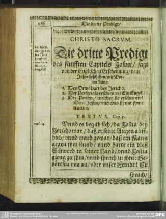 [Die dritte Predigt, uber das fünffte Cap. Josuae]. Die dritte Predigt des fünfften Capitels Josuae, sagt von der Englischen Erscheinung dem Josuae beschehn ...