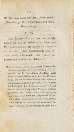 IV. Von den Laugensalzen, ihrer Anzahl, Eintheilung; ihrem Charakter und ihren Benennungen