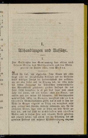 I. Zur Geschichte der Gewinnung der edlen und feinen Wolle, des Wollhandels, und der Wollpreise im Jahre 1831