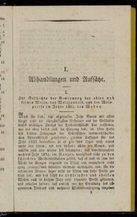 I. Zur Geschichte der Gewinnung der edlen und feinen Wolle, des Wollhandels, und der Wollpreise im Jahre 1831