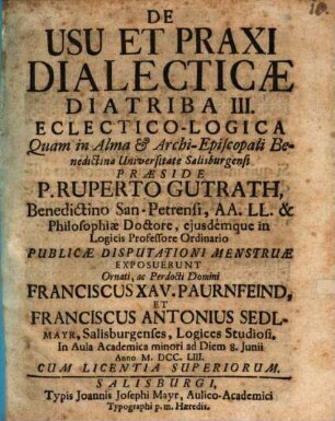 De usu et praxi dialecticae diatriba III. eclectico-logica