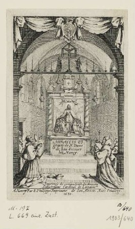 Altar mit Schutzmantelmadonna, Titelblatt aus: "Miracles et graces de Notre-Dame"