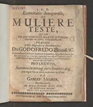 Exercitatio Inauguralis, De Muliere Teste