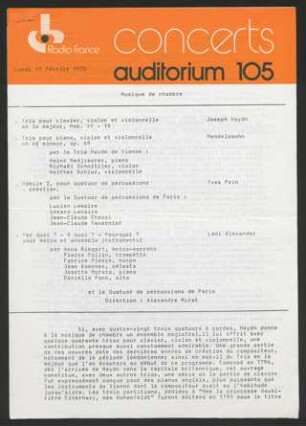 Programmzettel: Concerts auditorium 105, Musique de chambre, 13. Februar 1978