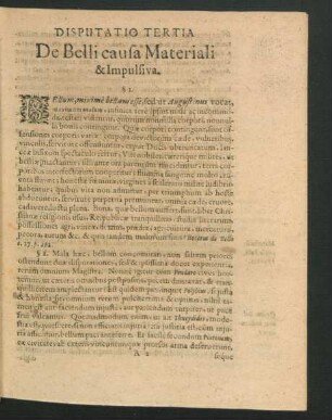 Disputatio Tertia. De Belli causa Materiali & Impulsiva.