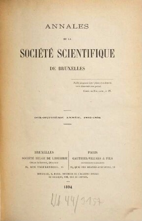 Annales de la Société Scientifique de Bruxelles. 18. 1893/94