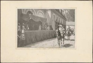 Großherzog Friedrich I. mit Uniformierten unter Baldachin, davor Reiter in historischen Kostümen.