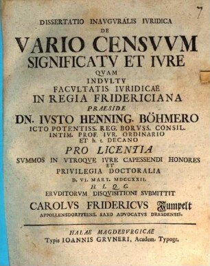 Dissertatio Inavgvralis Ivridica De Vario Censvvm Significatv Et Ivre