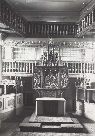 Scheibenberg, Johanniskirche. Altarplatz mit Flügelaltar aus Schneeberg (um 1510) : Scheibenberg, Stadtkirche St. Johannis (1559-1571, Innengestaltung 1698/1754; Erneuerung 1754-1756). Altarplatz mit Flügelaltar (um 1510, aus Schneeberg)
