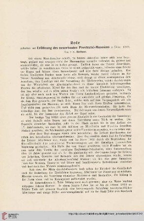 F. Hettner: Rede gehalten zur Eröffnung des neuerbauten Provinzial-Museums in Trier, 1889