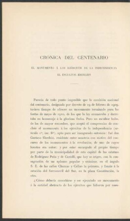Crónica del centenario : El monumento á los Ejércitos de la Independencia - El escultor Eberlein