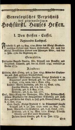 Genealogisches Verzeichniß des gegenwärtigen Hochfürstl. Hauses Hessen