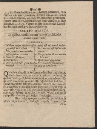 Sectio Quarta. In quibus causis locum habeat prohibitio anatocismi tradit.