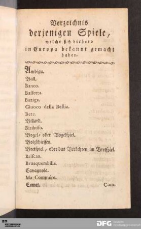 Verzeichnis derjenigen Spiele, welche sich bishero in Europa bekannt gemacht haben.