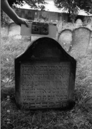 Grabstein 53 (Index: 100108145) Material: gelber Sandstein Zustand: verwittert, bewachsen, versalzen Maße HxBxT: 87x52x11 cm Beschreibung: Stele mit geschwungenem eingezogenem Rundbogenabschluß, Schriftfeld rechteckig eingetieft Besonderheit: kulturhistorisch wertvoll / hist.-wiss. Gründe (Gemeindestellung): Grabstein 53