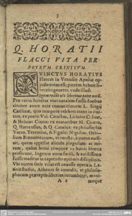 Q. Horatii Flacci Vita Per Petrum Crinitum