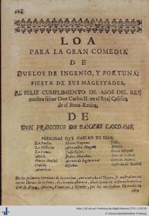 Loa para la Comedia de duelos de ingenio, y fortuna.