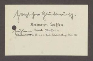 Visitenkarte mit Glückwunschen von Hermann Loeffen, Oberförster und Hauptmann, an Hermann Hummel, 1. Visitenkarte