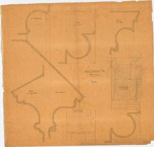 Voit, August von; Weißenhorn; Pfarrkirche - Innere Fensterabfassung, Obere Säule an den inneren Portalen, Verdachung der inneren Portale, Fenstergesims u. Kapitell der unteren Säule (Details)