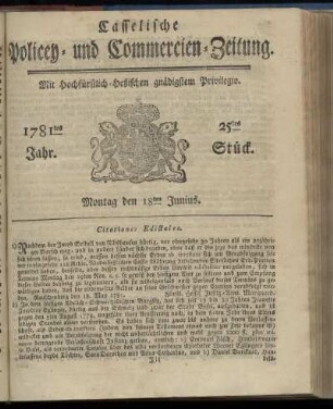1781tes Jahr. 25tes Stück. Montag den 18ten Junius