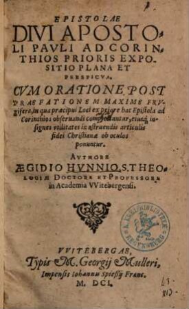Epistolae Divi Apostoli Pauli Ad Corinthios Prioris Expositio Plana Et Perspicua