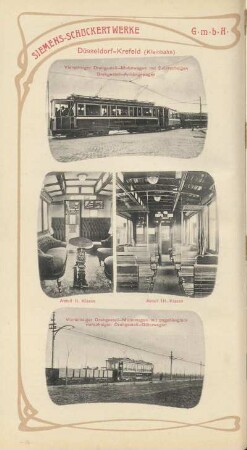 Düsseldirf-Krefeld (Kleinbahn) ; Abteil II. Klasse ; Abteil III. Klasse ; Vierachsiger Drehgestell-Motorwagen mit angehängtem vierachsigen Drehgestell-Güterwagen