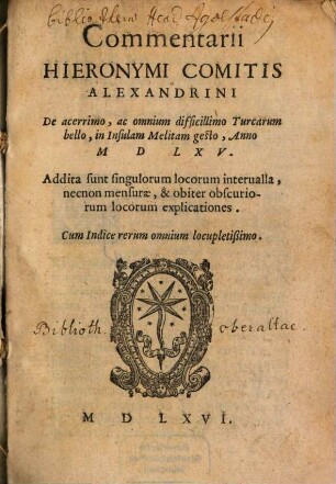 Commentarii de ... Turcarum bello in Insulam Melitam gesto ...