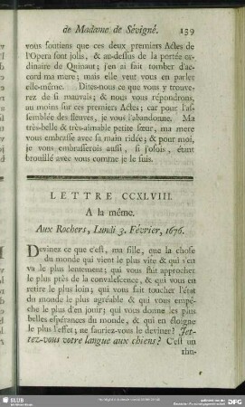 Lettre CCXLVIII. A la même. Aux Rochers, Lundi 3. Février, 1676