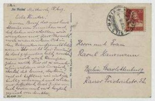 Ansichtspostkarte von Anna Mankiewitz [an Raoul Hausmann und Hedwig Hausmann]. Sils-Maria