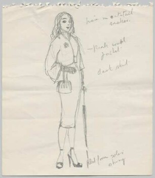 Ein zweiteiliges Kostüm aus kurzer Jacke oder Bluse mit ausgestellten Ärmeln und Anstecker und schmalem Rock, hohe Sandaletten (Archivtitel)