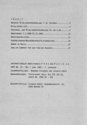 Info Nr. 15 : Frau und Musik Internationaler Arbeitskreis e.V.