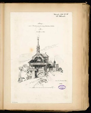 Pirschhaus Monatskonkurrenz November 1890: Aufriss Ansicht von Osten 1:100; Maßstabsleiste