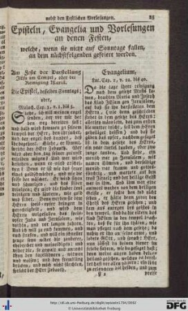 Episteln, Evangelia und Vorlesungen an denen Festen, welche, wenn sie nicht auf Sonntage fallen, an dem nächstfolgenden gefeiert werden.
