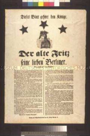 Satirisches Flugblatt mit einem fiktiven Aufruf von Friedrich II. König von Preußen an sein Volk