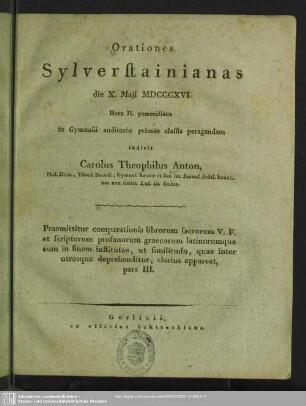 1816: Orationes Sylverstainianas ... in Gymnasii auditorio primae classis habendas indicit