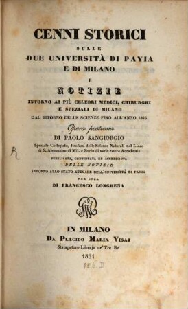 Cenni Storici sulle due Università di Pavia e di Milano