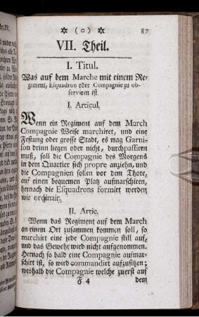 I. Titul. Was auf dem Marche mit einem Regiment, Esquadron oder Compagnie observiren ist.